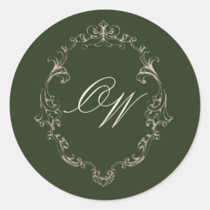 Old Money Olive Green Elegant Monogram Wedding Classic Round Sticker