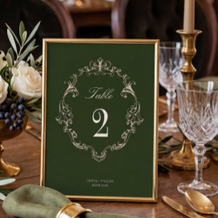 Old Money Olive Green Elegant Monogram Wedding Table Number
