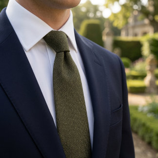 Old Money Olive Green Herringbone Tweed Fabric  Tie