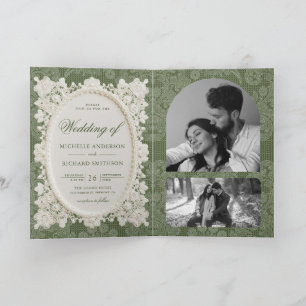 Old Money Olive Green Ivory Doily Lace Wedding Invitation