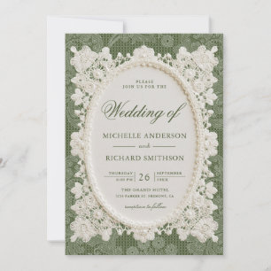 Old Money Olive Green Ivory Doily Lace Wedding Invitation