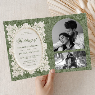 Old Money Olive Green Ivory Doily Lace Wedding Invitation