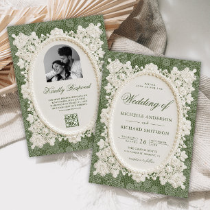 Old Money Olive Green Ivory Doily Lace Wedding Invitation