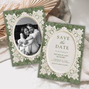 Old Money Olive Green Ivory Doily Lace Wedding Save The Date