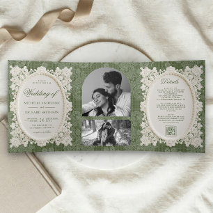 Old Money Olive Green Ivory Doily Lace Wedding Tri-Fold Invitation