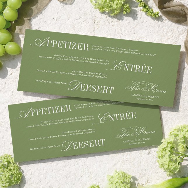 Old Money Olive Green Wedding Menu Card (Creator Uploaded)