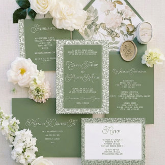 Old Money Olive Lace Wedding Invitation