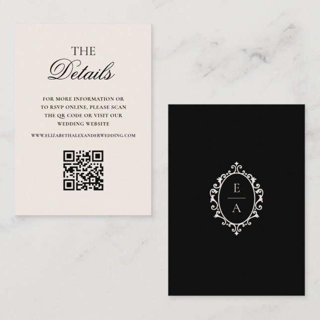 Old Money Oval Crest Black Wedding Details QR Code Enclosure Card (Front/Back)