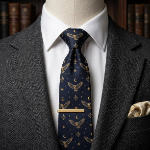 Old Money Owl Celestial Moon Star Navy Tie