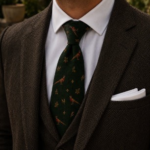 Old Money Pheasant Game Bird Herringbone Green  Tie