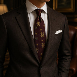Old Money Rampant Lion Heraldic Crown Burgundy Tie