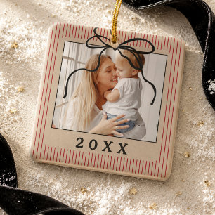 Old Money Red Stripe Black Bow Family Photo Ceramic Ornament