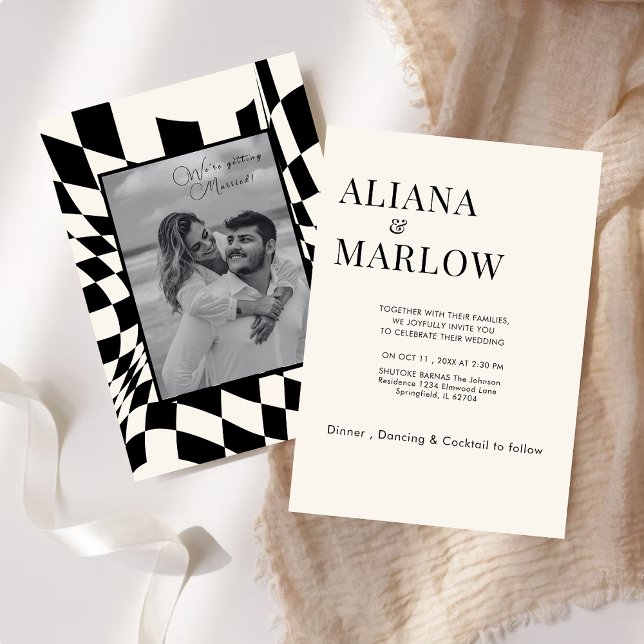 Old Money Retro Black and white chequered wedding Invitation (Creator Uploaded)