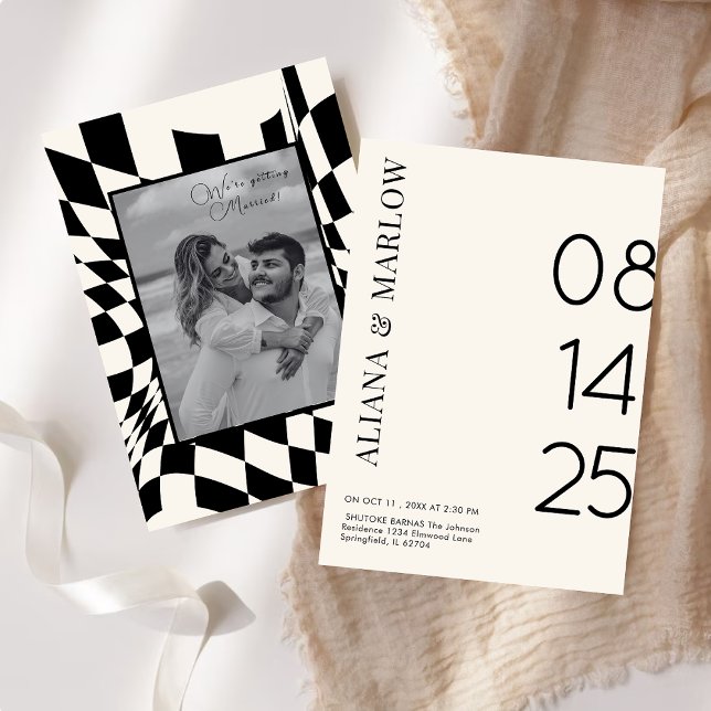 Old Money Retro Black and white chequered wedding Invitation (Creator Uploaded)