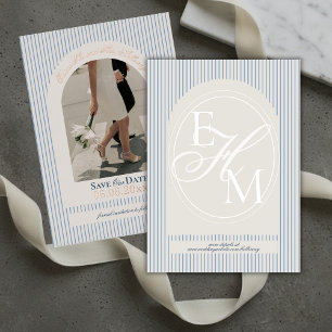 Old Money Script Blue Stripe Photo Save the Date