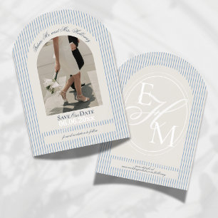 Old Money Script Blue Stripe Photo Save the Date Invitation