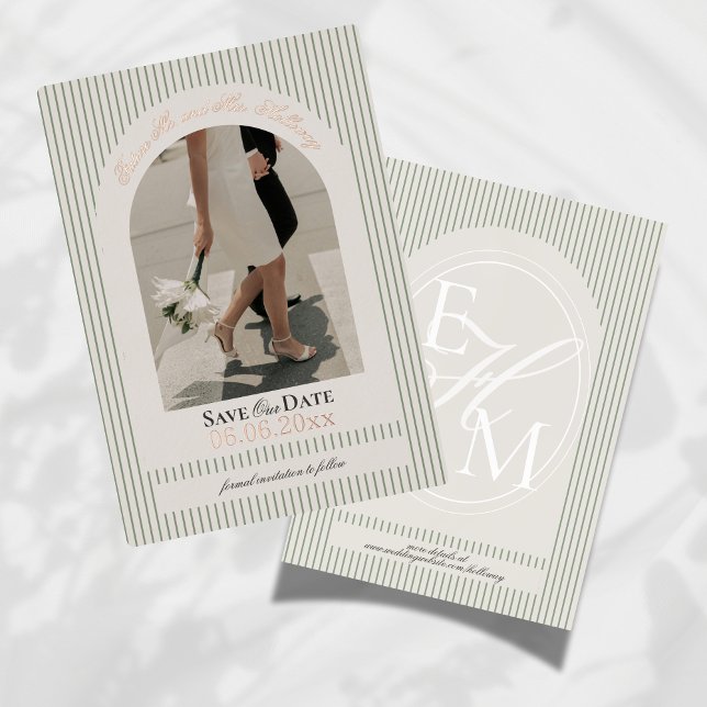 Old Money Script Green Stripe Photo Save the Date (Invite guests to mark their calendars for your wedding with this Old Money Foil Save the Date!)