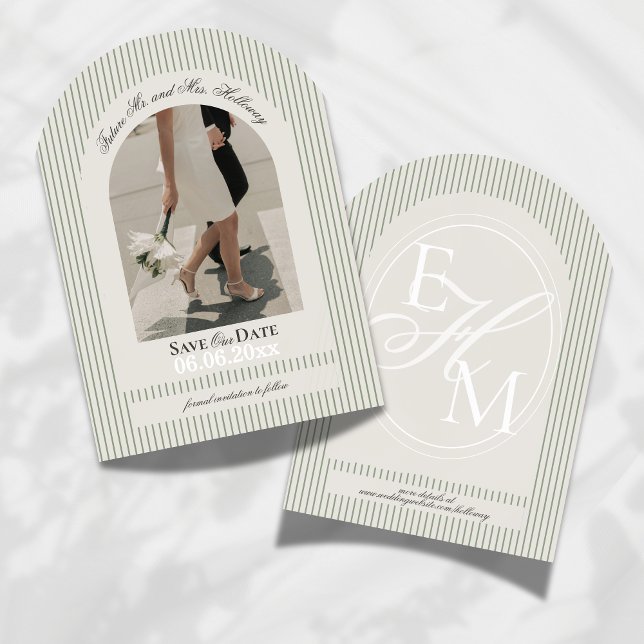 Old Money Script Green Stripe Photo Save the Date Invitation (Invite guests to mark their calendars for your wedding with this Old Money Stripe Save the Date!)