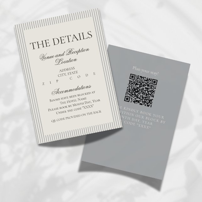 Old Money Script Neutral Stripe Wedding Details Enclosure Card (Formally invite guests to your big day with this Old Money Script Thin Stripe Wedding Details Card!)