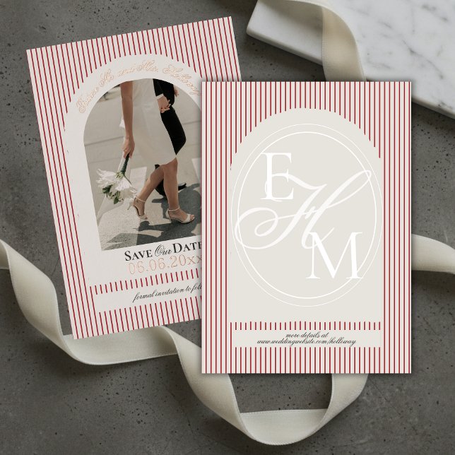 Old Money Script Red Stripe Photo Save the Date (Old Money Script Red Stripe Photo Save the Date Foil Invitation)