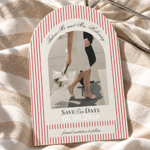Old Money Script Red Stripe Photo Save the Date Invitation
