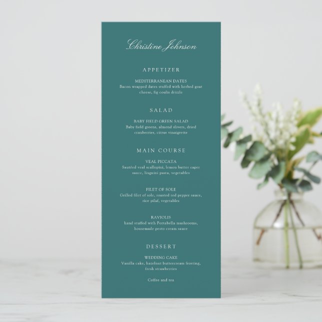 Old Money Teal Classic Guest Name Wedding Menu (Standing Front)