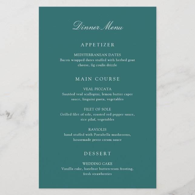 Old Money Teal Classic Wedding Menu (Front)
