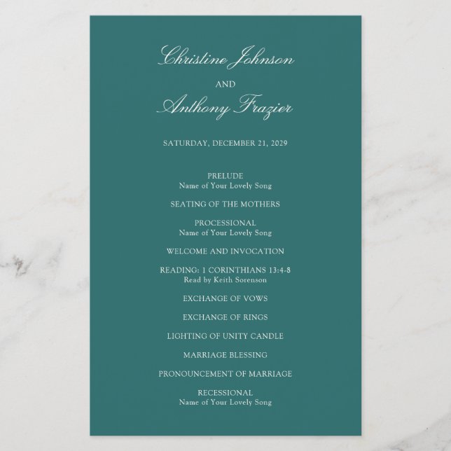 Old Money Teal Classic Wedding Program Flyer (Front)