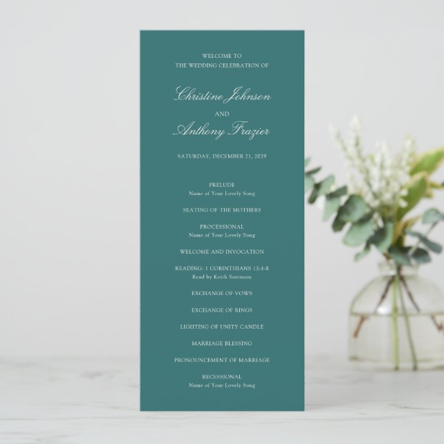 Old Money Teal Classic Wedding Programme (Standing Front)