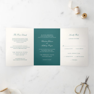 Old Money Teal Classic Wedding Tri-Fold Invitation
