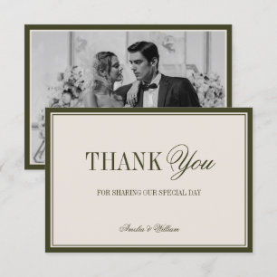 Old Money Timeless Black Olive Green Wedding Photo Thank You Card