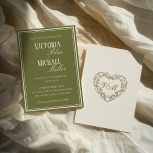 Old Money Vintage Olive Green Ivory Chic Wedding Invitation