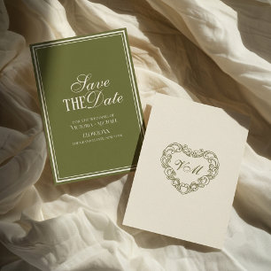 Old Money Vintage Olive Green Ivory Retro Wedding Save The Date