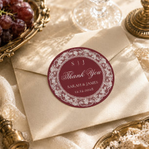 Old Money Wedding Burgundy White Lace Thank you Classic Round Sticker