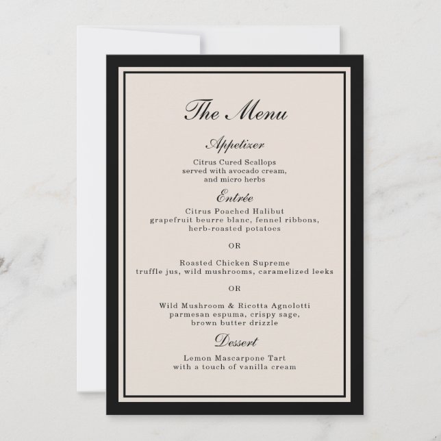Old Money Wedding Classic Menu Card (Front)