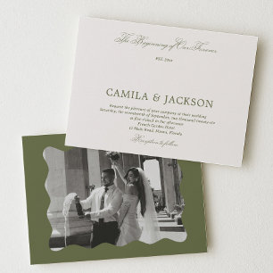 Old Money White and Olive Green Wedding Invitation