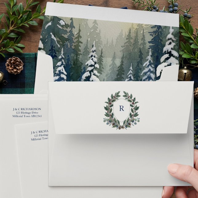 Old Money Winter Forest Monogram Crest Christmas  Envelope (Monogrammed Snowy Forest Envelope from the Old Money Heritage Collection by Darling & May)