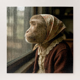 Old Monkey Staring Out at the Rain Jigsaw Puzzle