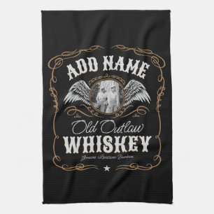 Old Moonshine Whiskey Label ADD PHOTO Family Name Tea Towel