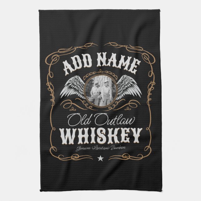  Old Moonshine Whiskey Label ADD PHOTO Family Name Tea Towel (Vertical)