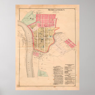 Old Morgantown WV Map (1886) Vintage West Virginia Poster