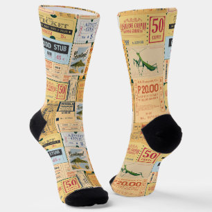 Old newspaper and cenima tickets Modern vintage Socks