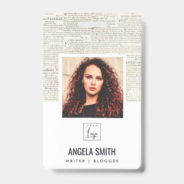 OLD NEWSPAPER TEXTURE EMPLOYEE PHOTO BARCODE NAME ID BADGE (Front)