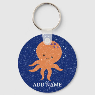 Old Paper Print Cute Octopus Cartoon Custom Name Key Ring