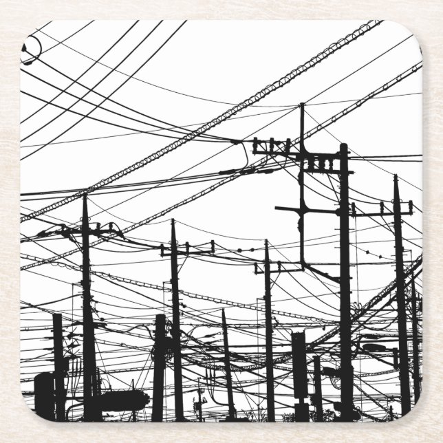 Old Phone and Power Lines Square Paper Coaster (Front)