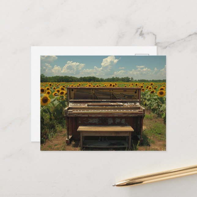Old Piano in Sunflowers Postcard (Front/Back In Situ)