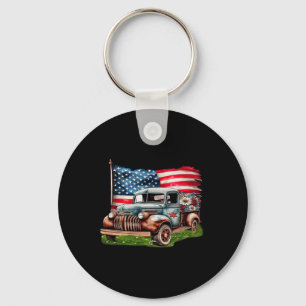 Old Pickup Truck American Flag 4th Of July Patriot Key Ring