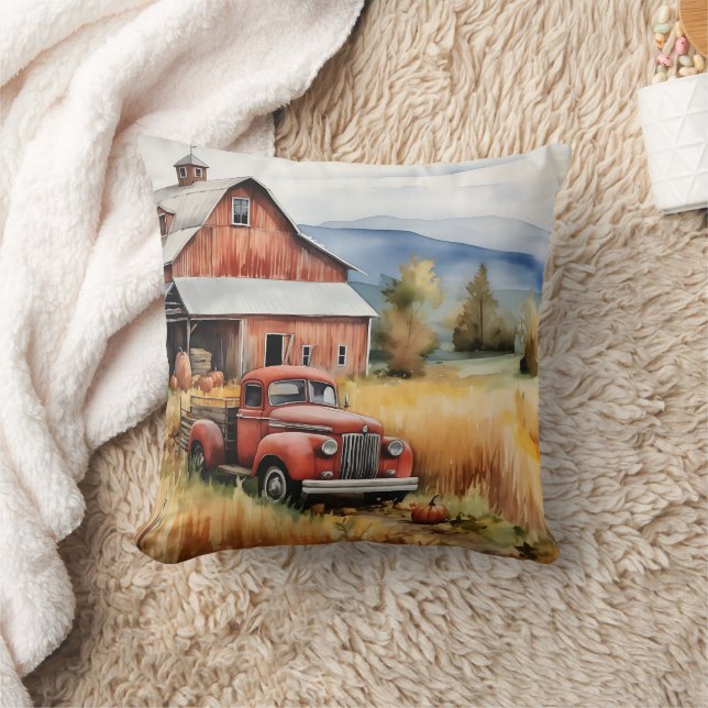 Old Pickup Truck and Red Barn in Autumn Cushion (Blanket)