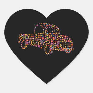Old Pickup Truck Flower Pattern Heart Sticker