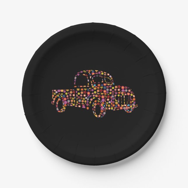 Old Pickup Truck Flower Pattern Paper Plate (Front)